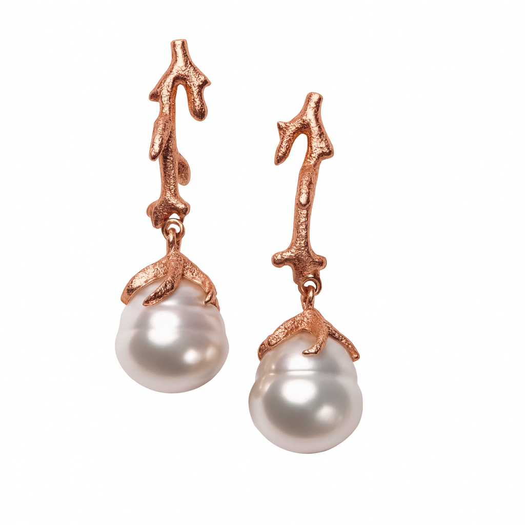 South Seas "Starfish live on the coral reef" Pearl Earrings 18K Rose Gold Earrings